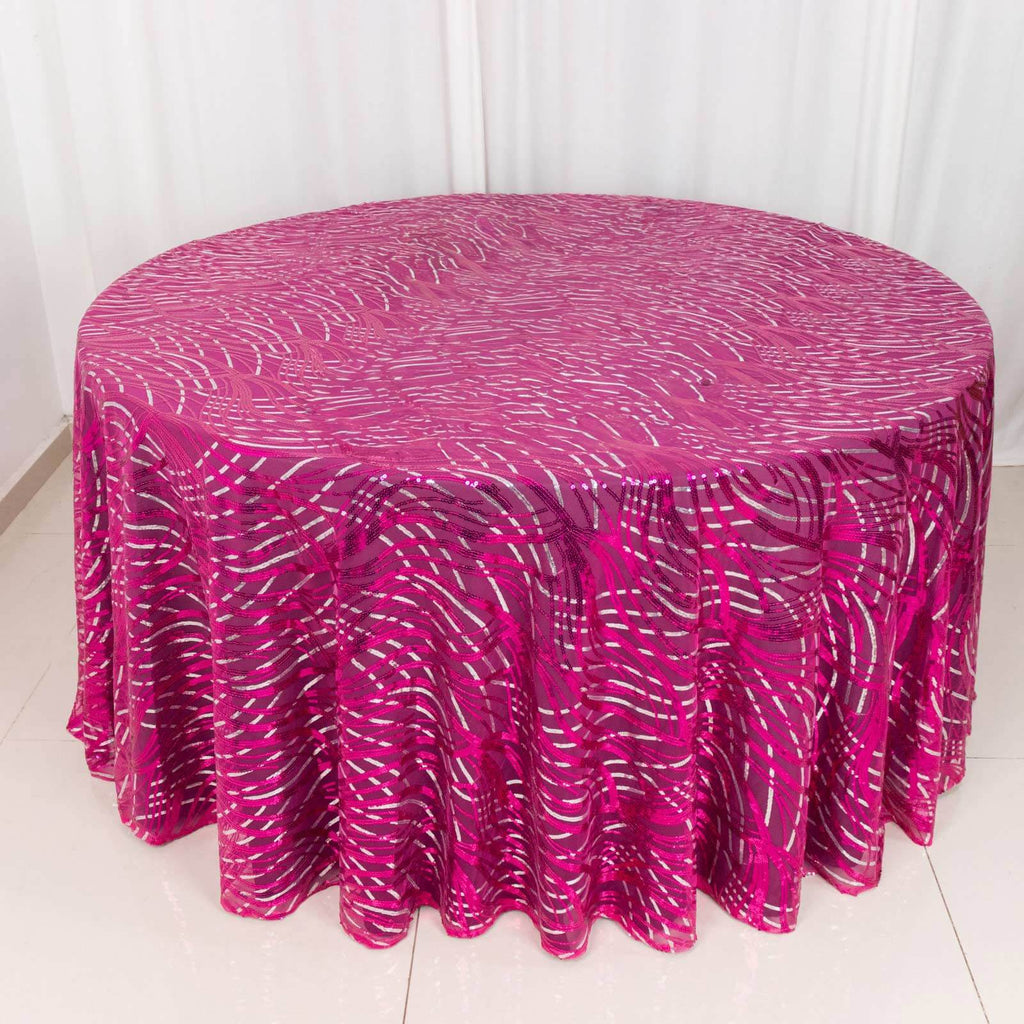 Sequin Mesh 120" Round Tablecloth Fuchsia/Silver - Seamless Wave Embroidered Table Cover - Bell Racket Store