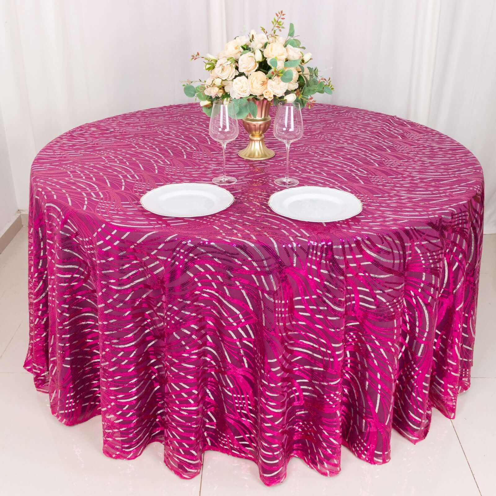 Sequin Mesh 120" Round Tablecloth Fuchsia/Silver - Seamless Wave Embroidered Table Cover - Bell Racket Store