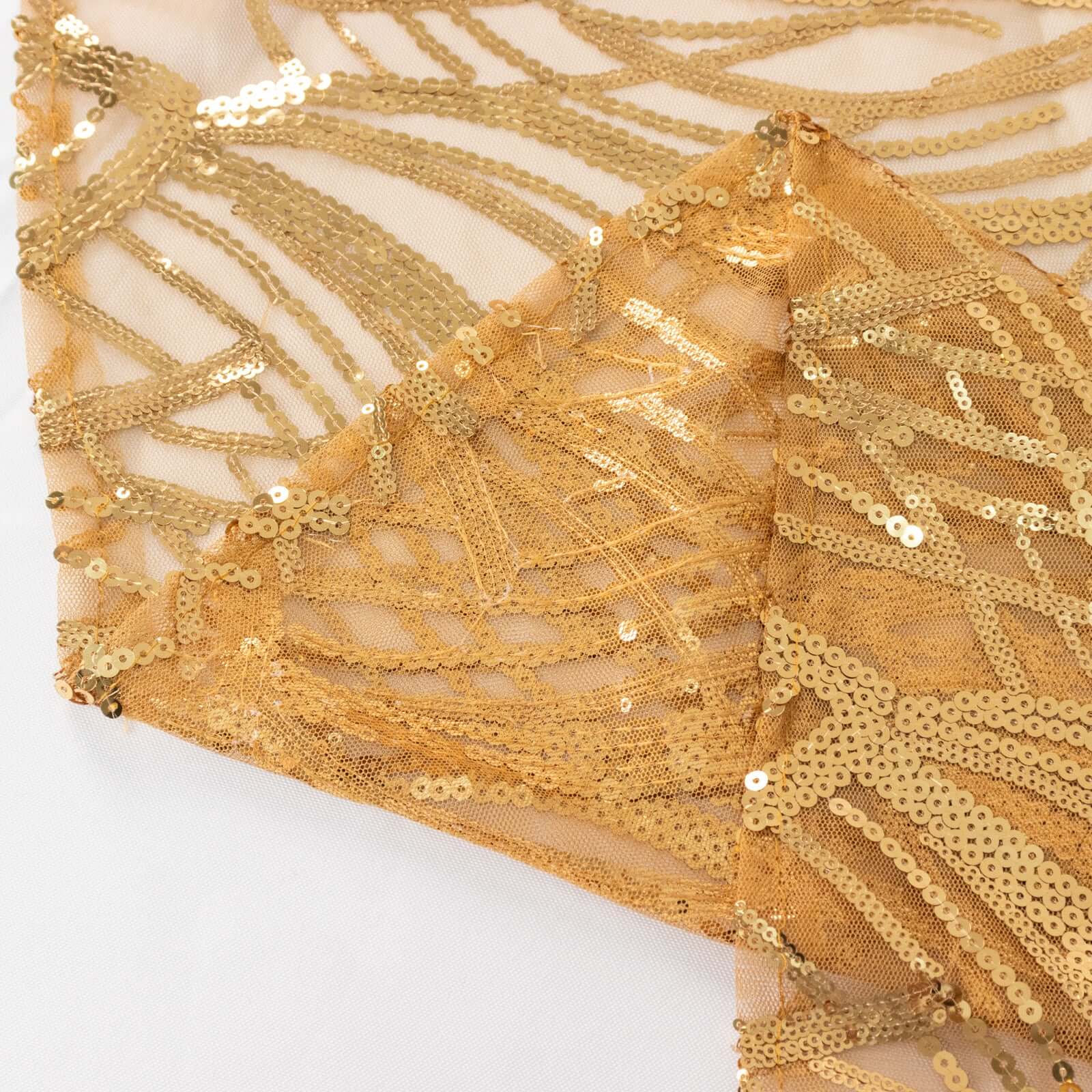 Sequin Mesh 120" Round Tablecloth Gold - Seamless Wave Embroidered Design for Stylish Events - Bell Racket Store