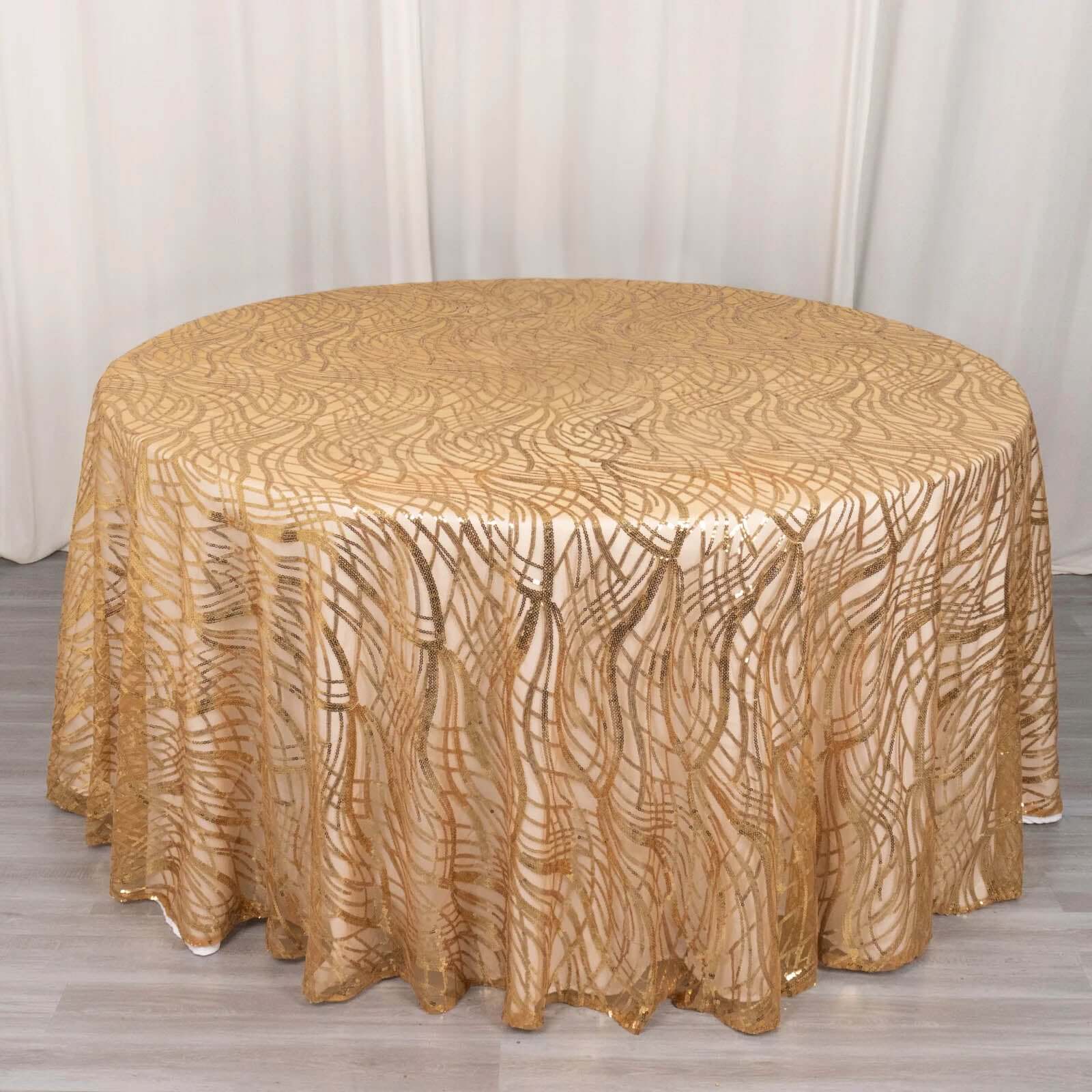 Sequin Mesh 120" Round Tablecloth Gold - Seamless Wave Embroidered Design for Stylish Events - Bell Racket Store