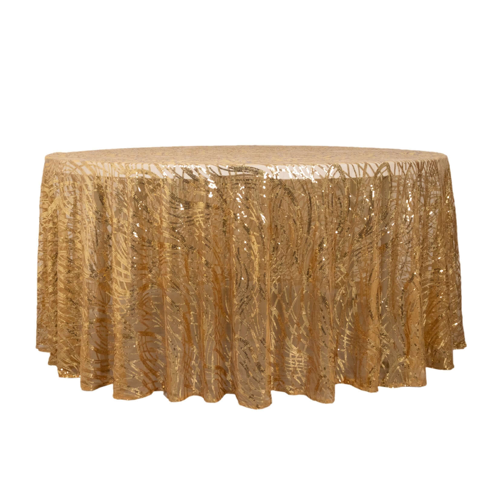Sequin Mesh 120" Round Tablecloth Gold - Seamless Wave Embroidered Design for Stylish Events - Bell Racket Store