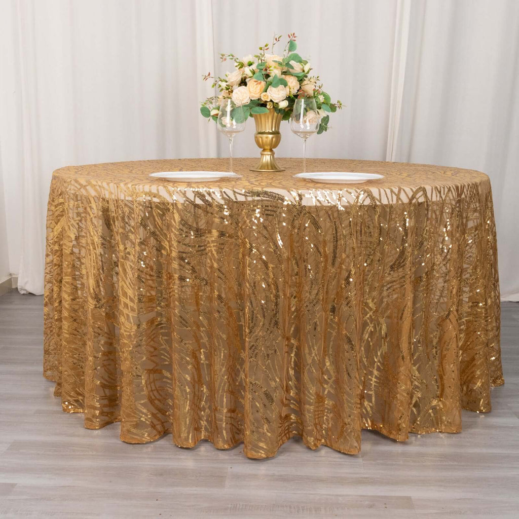 Sequin Mesh 120" Round Tablecloth Gold - Seamless Wave Embroidered Design for Stylish Events - Bell Racket Store