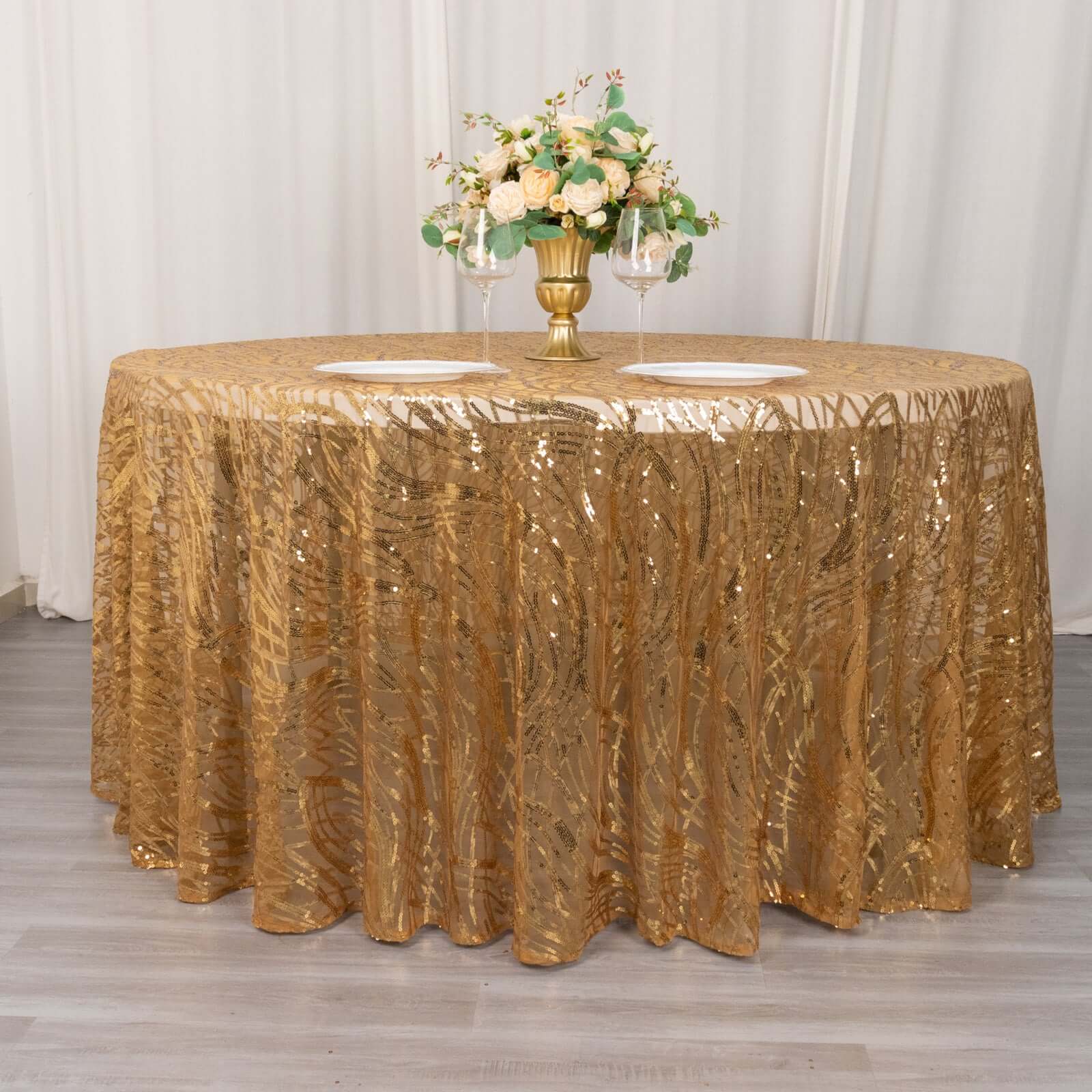 Sequin Mesh 120" Round Tablecloth Gold - Seamless Wave Embroidered Design for Stylish Events - Bell Racket Store