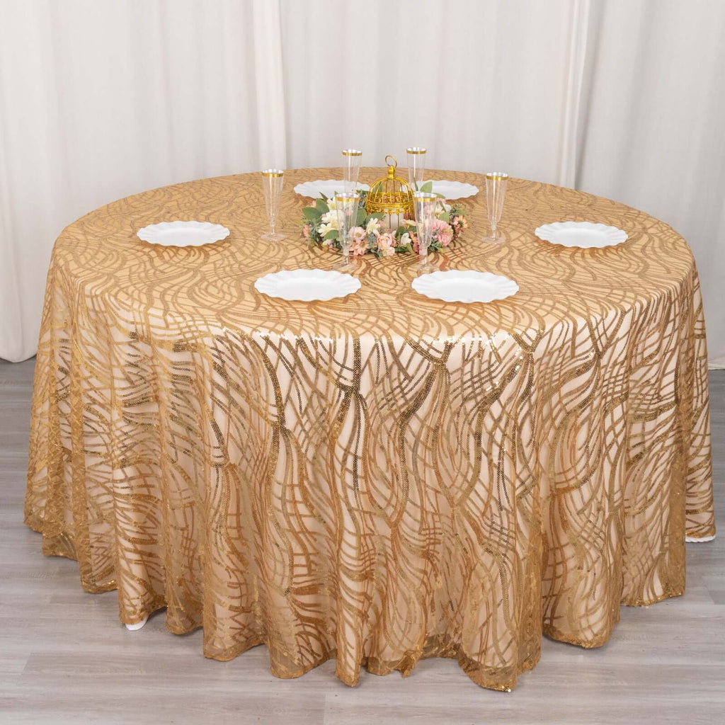 Sequin Mesh 120" Round Tablecloth Gold - Seamless Wave Embroidered Design for Stylish Events - Bell Racket Store