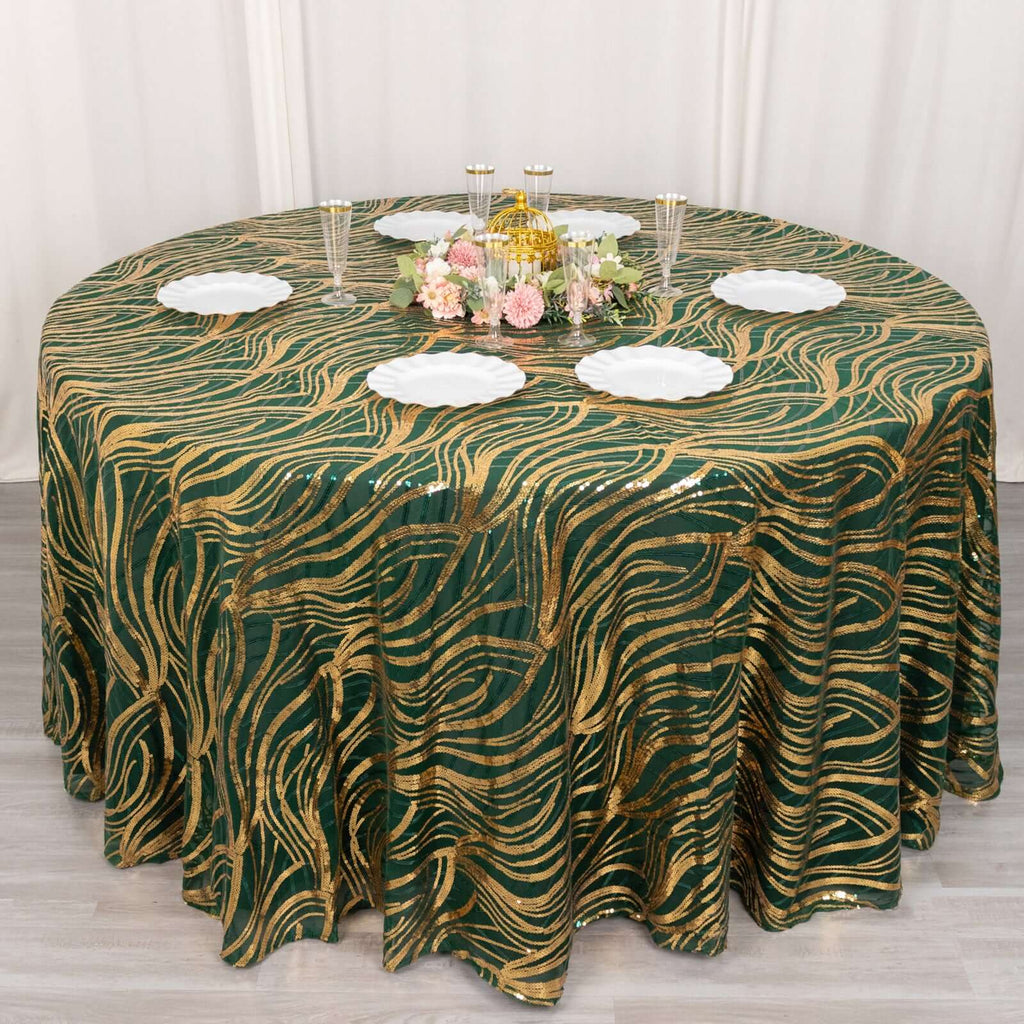 Sequin Mesh 120" Round Tablecloth Hunter Emerald Green/Gold - Seamless Wave Embroidered Table Cover - Bell Racket Store
