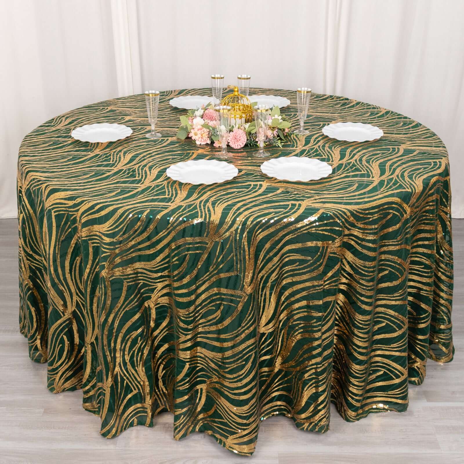 Sequin Mesh 120" Round Tablecloth Hunter Emerald Green/Gold - Seamless Wave Embroidered Table Cover - Bell Racket Store