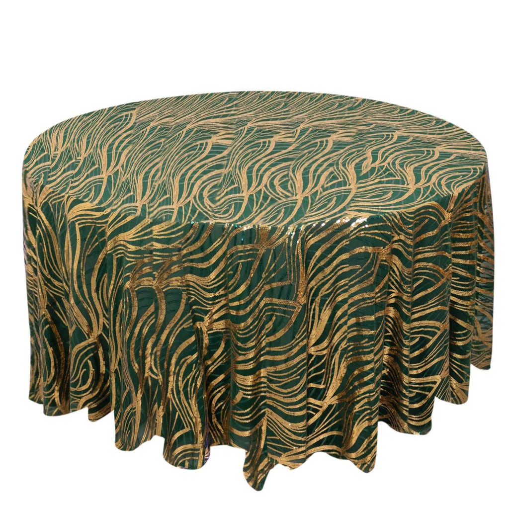 Sequin Mesh 120" Round Tablecloth Hunter Emerald Green/Gold - Seamless Wave Embroidered Table Cover - Bell Racket Store