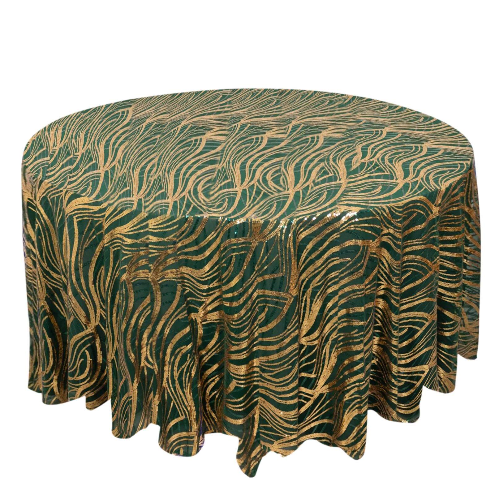 Sequin Mesh 120" Round Tablecloth Hunter Emerald Green/Gold - Seamless Wave Embroidered Table Cover - Bell Racket Store