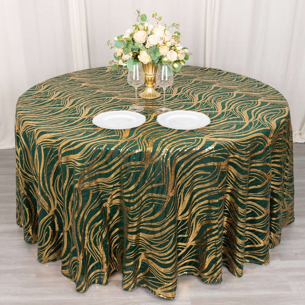 Sequin Mesh 120" Round Tablecloth Hunter Emerald Green/Gold - Seamless Wave Embroidered Table Cover - Bell Racket Store