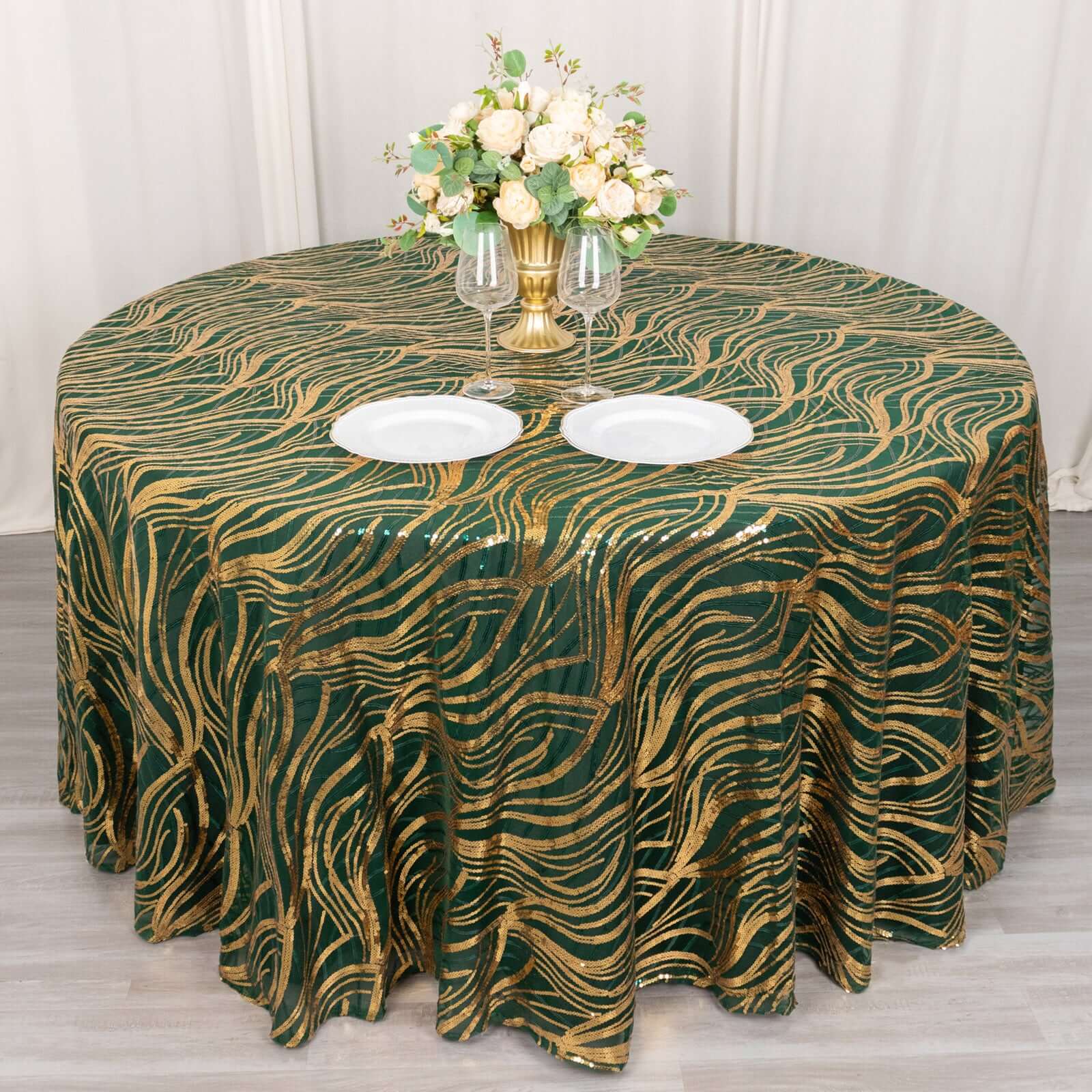 Sequin Mesh 120" Round Tablecloth Hunter Emerald Green/Gold - Seamless Wave Embroidered Table Cover - Bell Racket Store