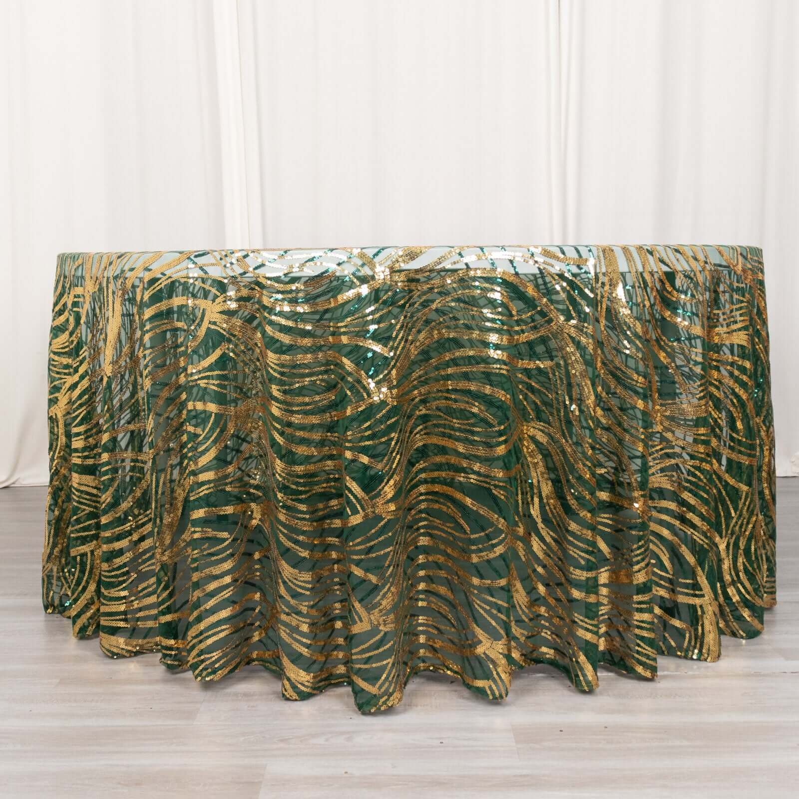 Sequin Mesh 120" Round Tablecloth Hunter Emerald Green/Gold - Seamless Wave Embroidered Table Cover - Bell Racket Store
