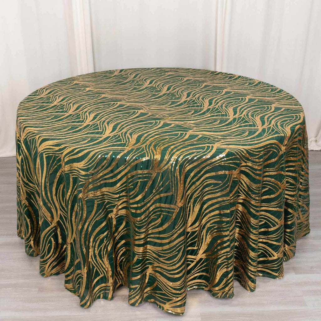 Sequin Mesh 120" Round Tablecloth Hunter Emerald Green/Gold - Seamless Wave Embroidered Table Cover - Bell Racket Store