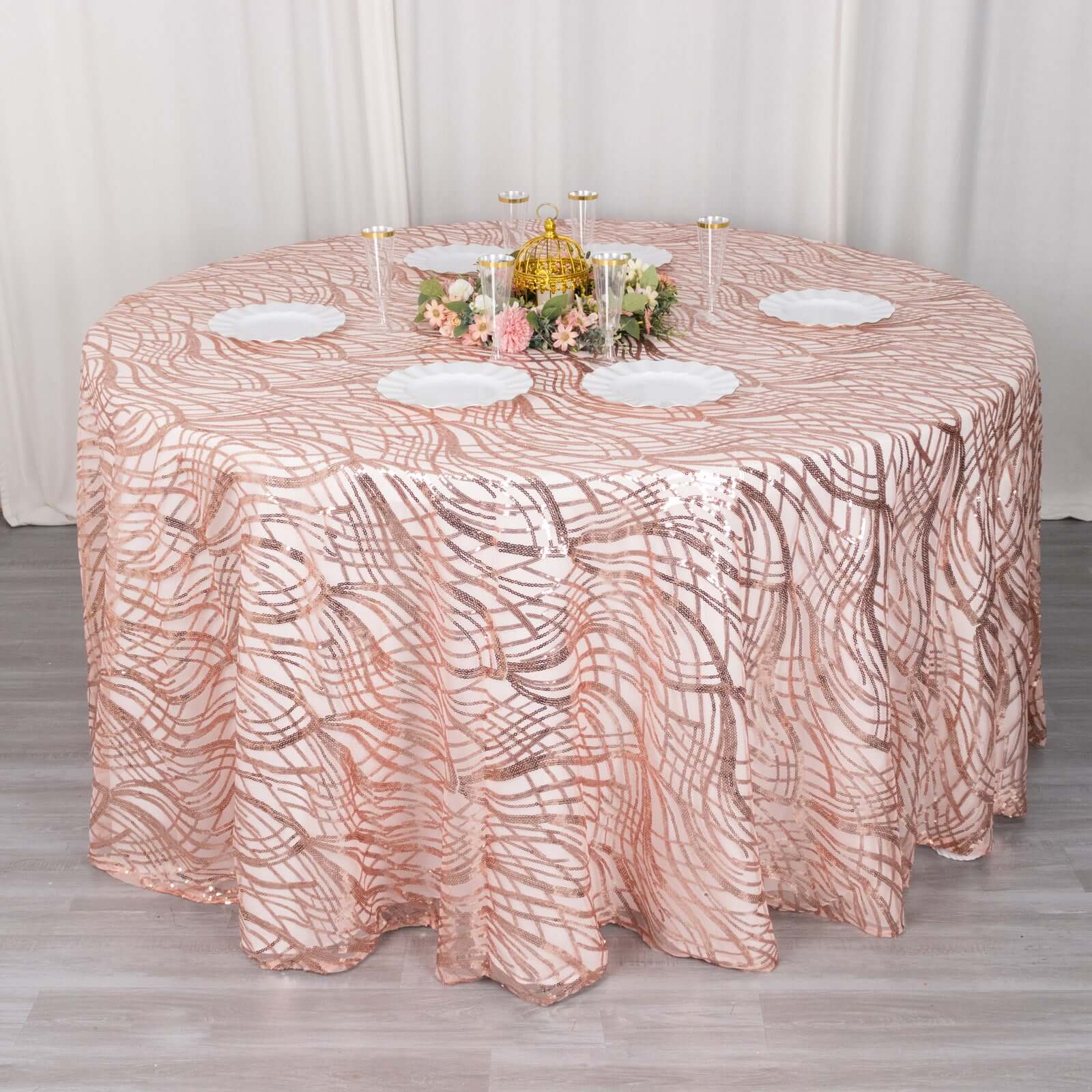 Sequin Mesh 120" Round Tablecloth Rose Gold - Seamless Wave Embroidered Table Cover - Bell Racket Store