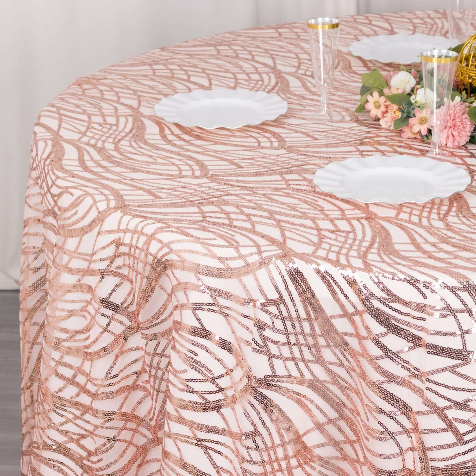 Sequin Mesh 120" Round Tablecloth Rose Gold - Seamless Wave Embroidered Table Cover - Bell Racket Store