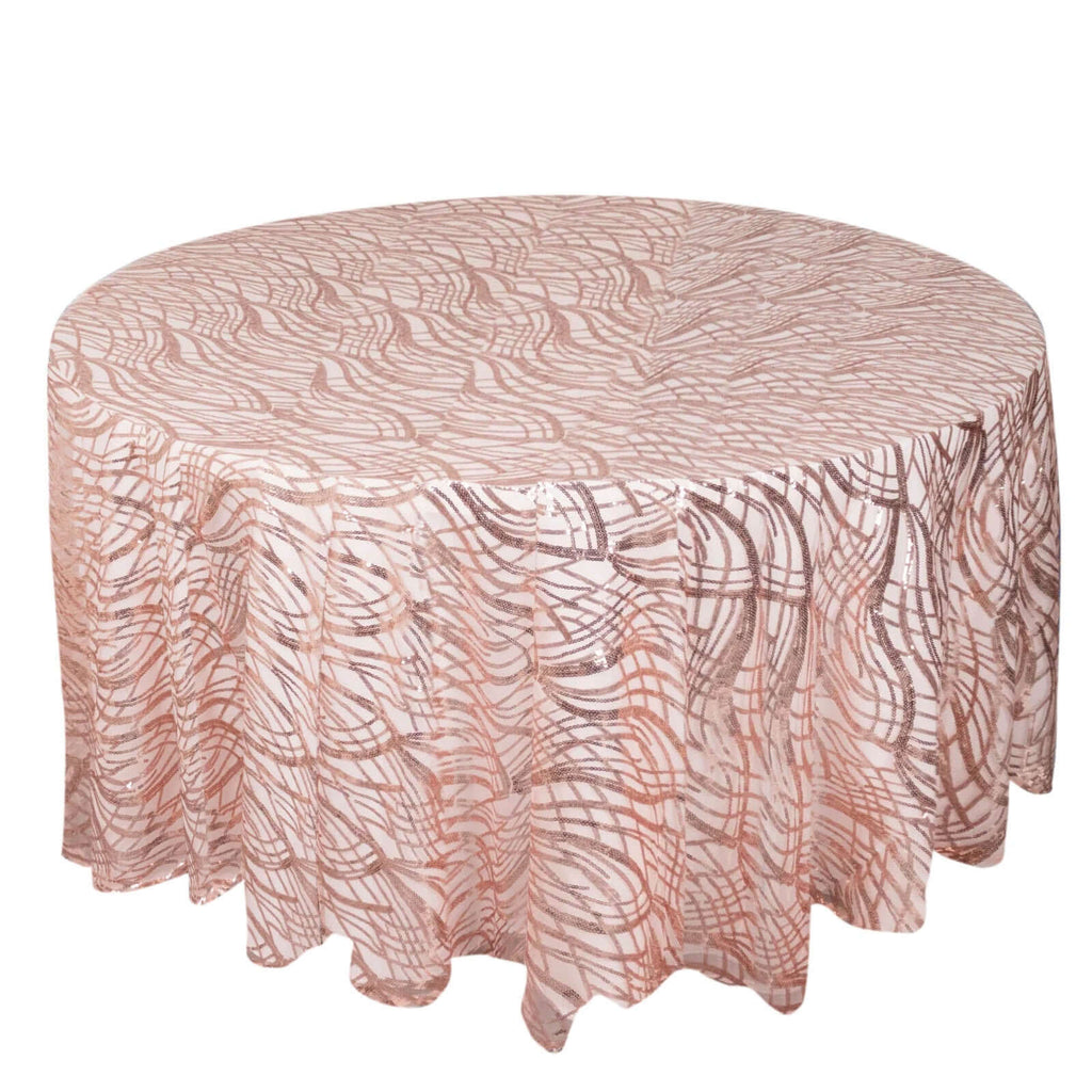 Sequin Mesh 120" Round Tablecloth Rose Gold - Seamless Wave Embroidered Table Cover - Bell Racket Store