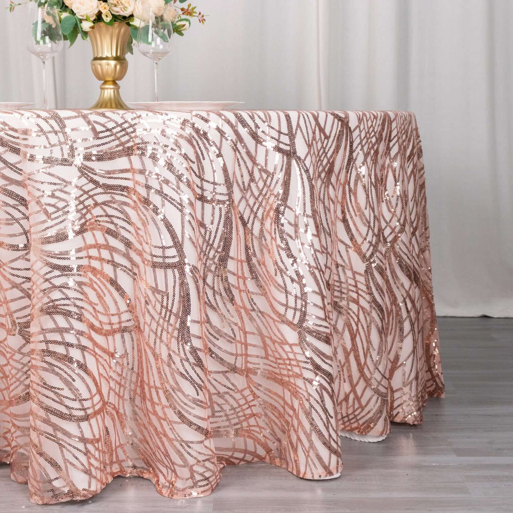 Sequin Mesh 120" Round Tablecloth Rose Gold - Seamless Wave Embroidered Table Cover - Bell Racket Store