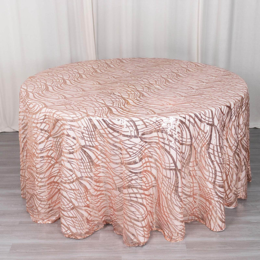 Sequin Mesh 120" Round Tablecloth Rose Gold - Seamless Wave Embroidered Table Cover - Bell Racket Store