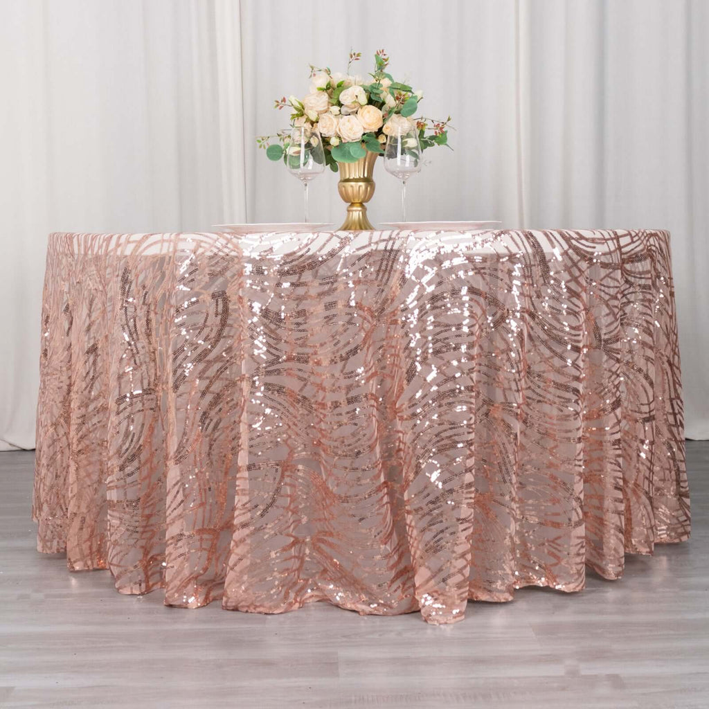 Sequin Mesh 120" Round Tablecloth Rose Gold - Seamless Wave Embroidered Table Cover - Bell Racket Store
