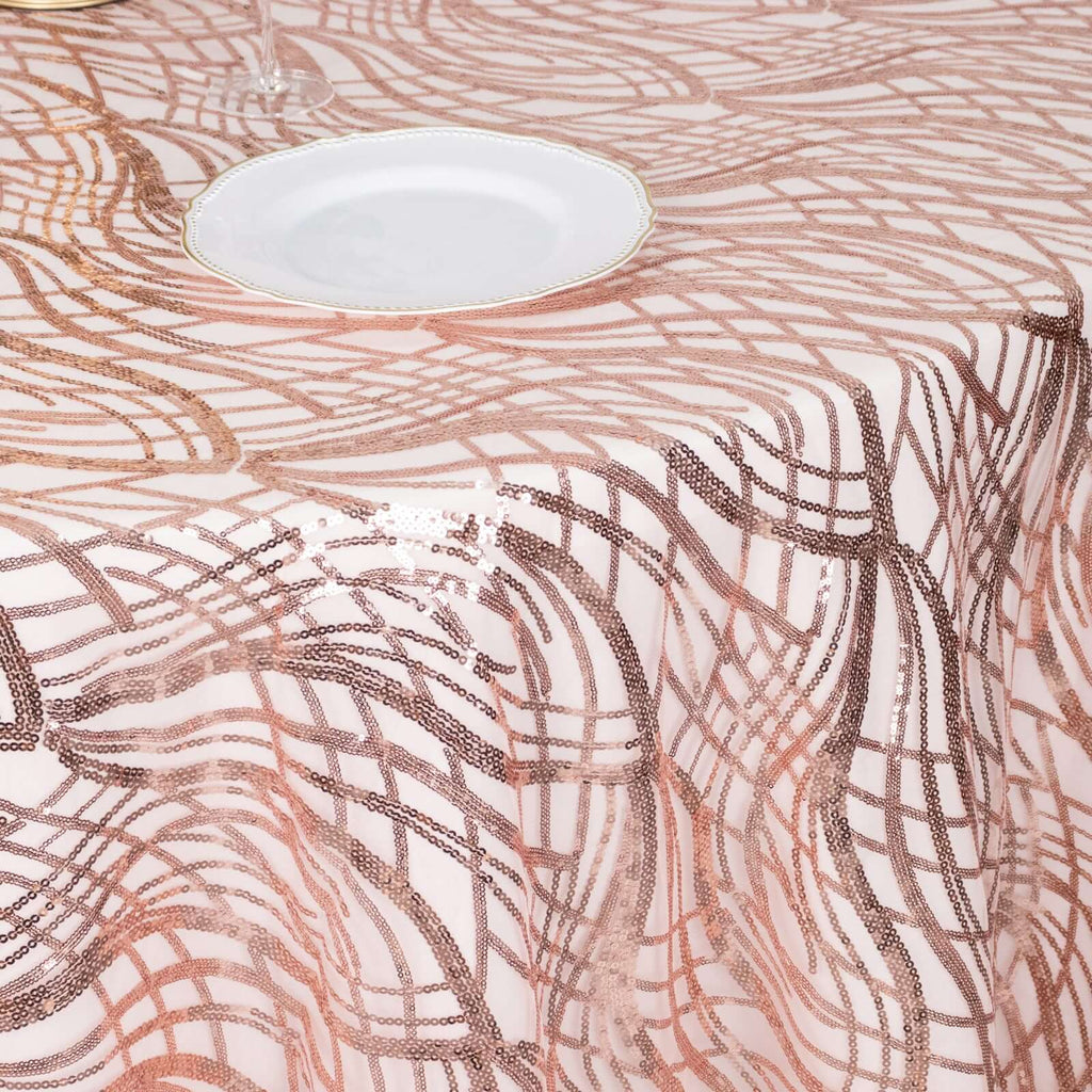 Sequin Mesh 120" Round Tablecloth Rose Gold - Seamless Wave Embroidered Table Cover - Bell Racket Store
