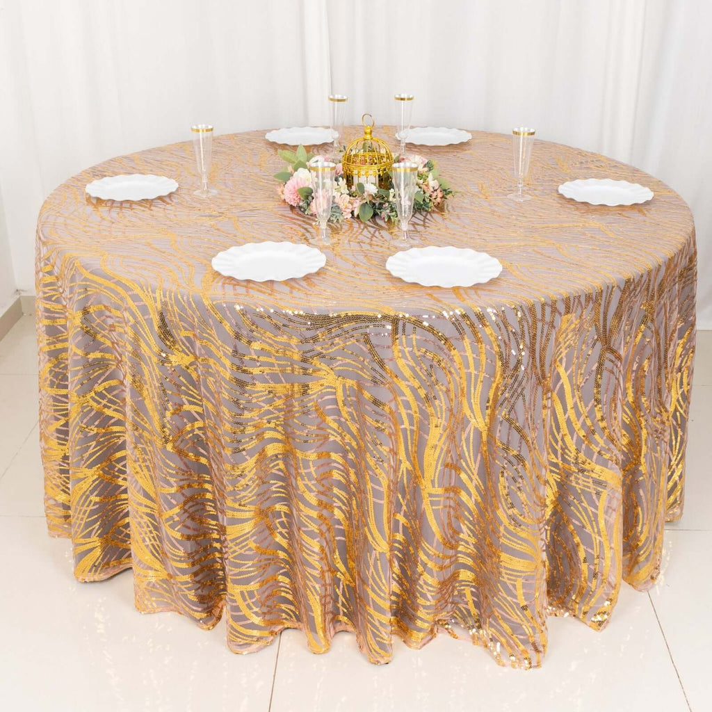 Sequin Mesh 120" Round Tablecloth Rose Gold/Gold - Seamless Wave Embroidered Table Cover - Bell Racket Store