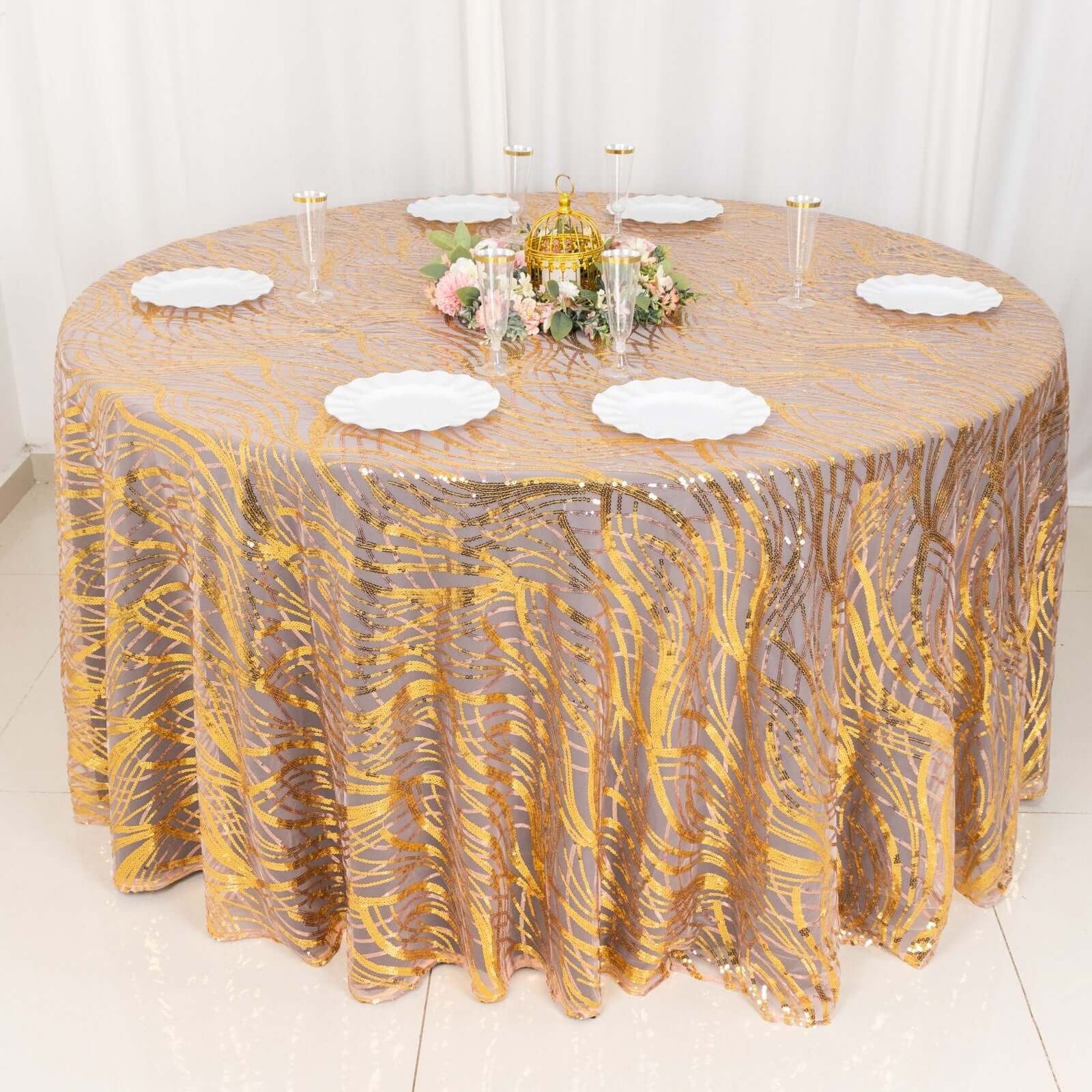 Sequin Mesh 120" Round Tablecloth Rose Gold/Gold - Seamless Wave Embroidered Table Cover - Bell Racket Store