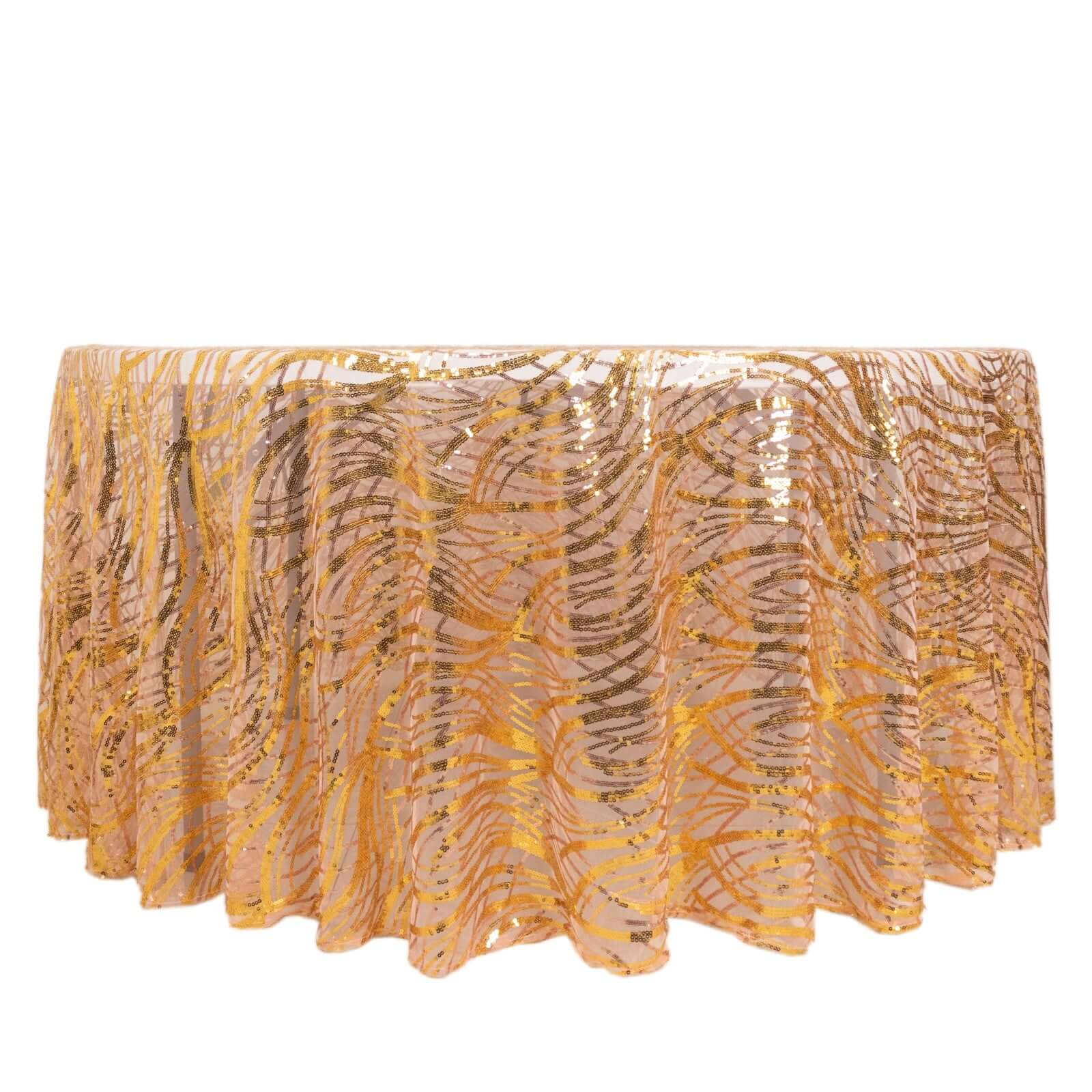 Sequin Mesh 120" Round Tablecloth Rose Gold/Gold - Seamless Wave Embroidered Table Cover - Bell Racket Store