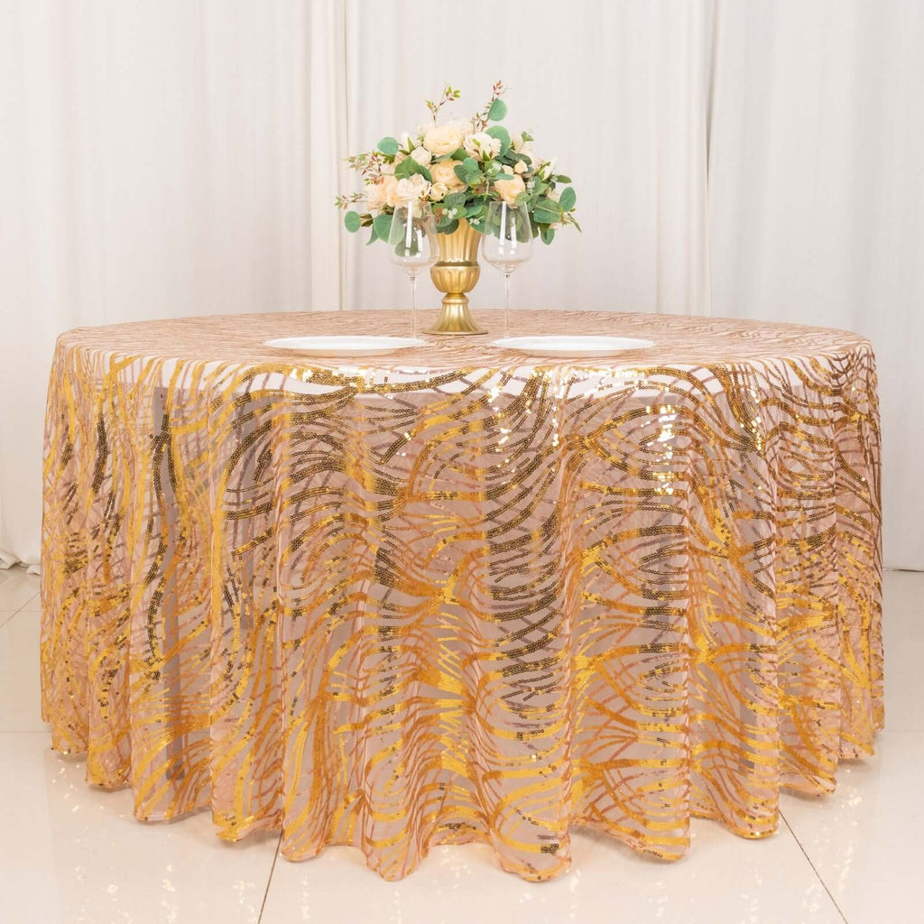 Sequin Mesh 120" Round Tablecloth Rose Gold/Gold - Seamless Wave Embroidered Table Cover - Bell Racket Store
