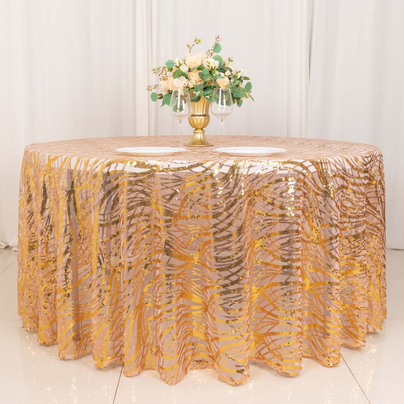 Sequin Mesh 120" Round Tablecloth Rose Gold/Gold - Seamless Wave Embroidered Table Cover - Bell Racket Store