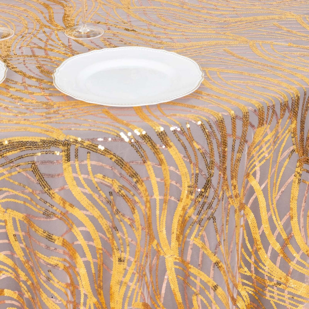 Sequin Mesh 120" Round Tablecloth Rose Gold/Gold - Seamless Wave Embroidered Table Cover - Bell Racket Store