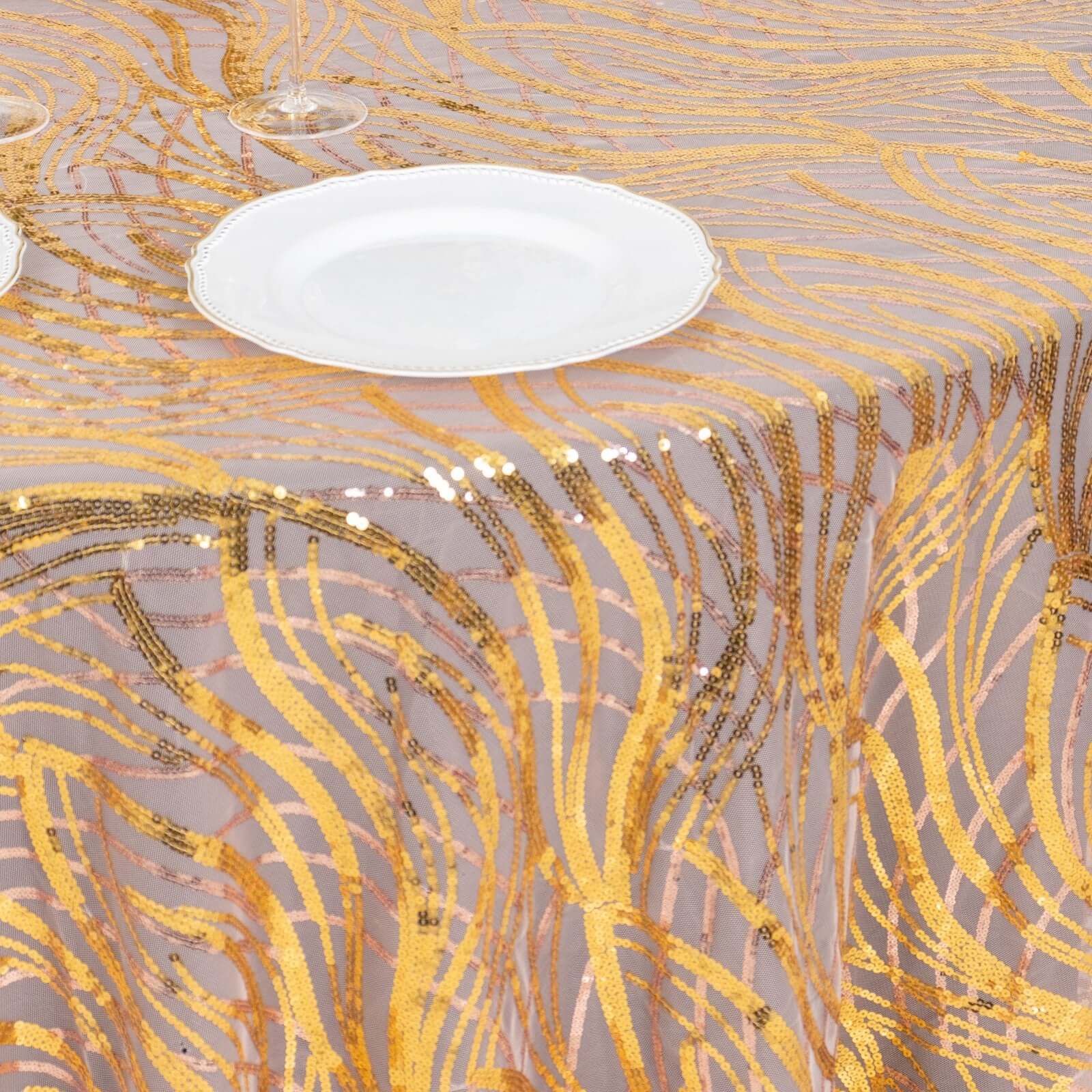 Sequin Mesh 120" Round Tablecloth Rose Gold/Gold - Seamless Wave Embroidered Table Cover - Bell Racket Store