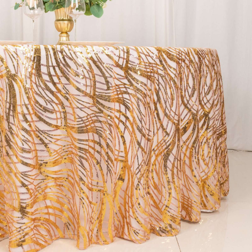 Sequin Mesh 120" Round Tablecloth Rose Gold/Gold - Seamless Wave Embroidered Table Cover - Bell Racket Store