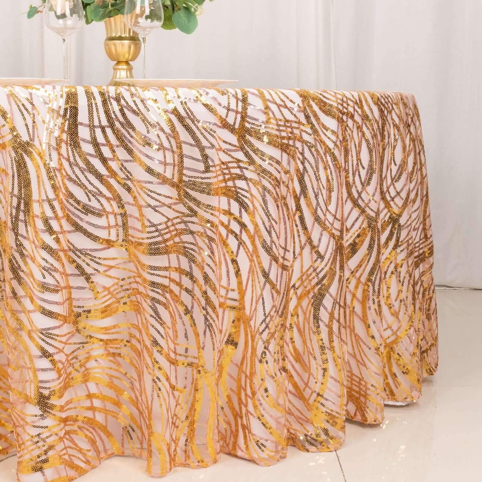 Sequin Mesh 120" Round Tablecloth Rose Gold/Gold - Seamless Wave Embroidered Table Cover - Bell Racket Store