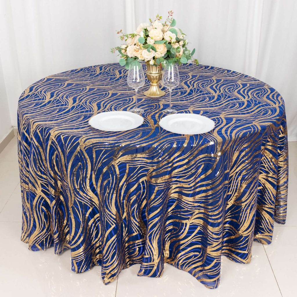 Sequin Mesh 120" Round Tablecloth Royal Blue/Gold - Seamless Wave Embroidered Table Cover - Bell Racket Store