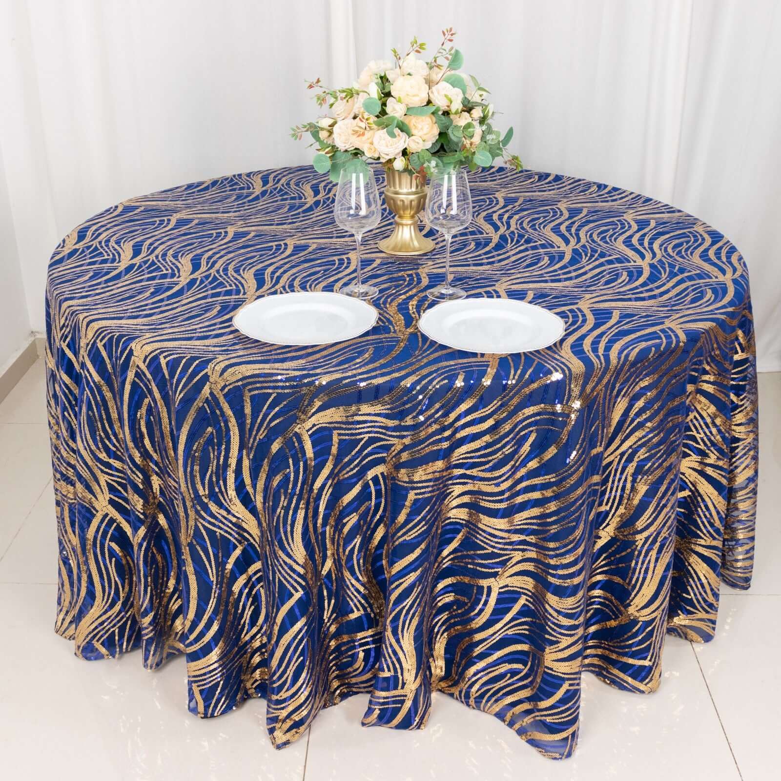 Sequin Mesh 120" Round Tablecloth Royal Blue/Gold - Seamless Wave Embroidered Table Cover - Bell Racket Store