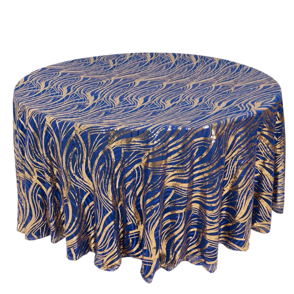 Sequin Mesh 120" Round Tablecloth Royal Blue/Gold - Seamless Wave Embroidered Table Cover - Bell Racket Store