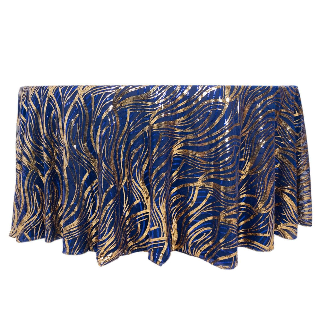 Sequin Mesh 120" Round Tablecloth Royal Blue/Gold - Seamless Wave Embroidered Table Cover - Bell Racket Store