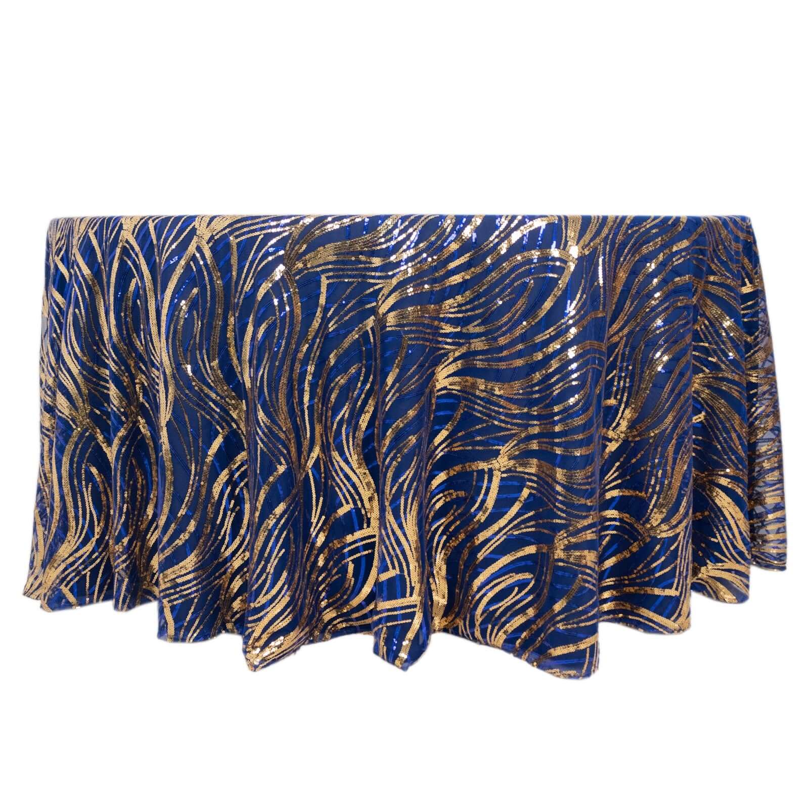 Sequin Mesh 120" Round Tablecloth Royal Blue/Gold - Seamless Wave Embroidered Table Cover - Bell Racket Store
