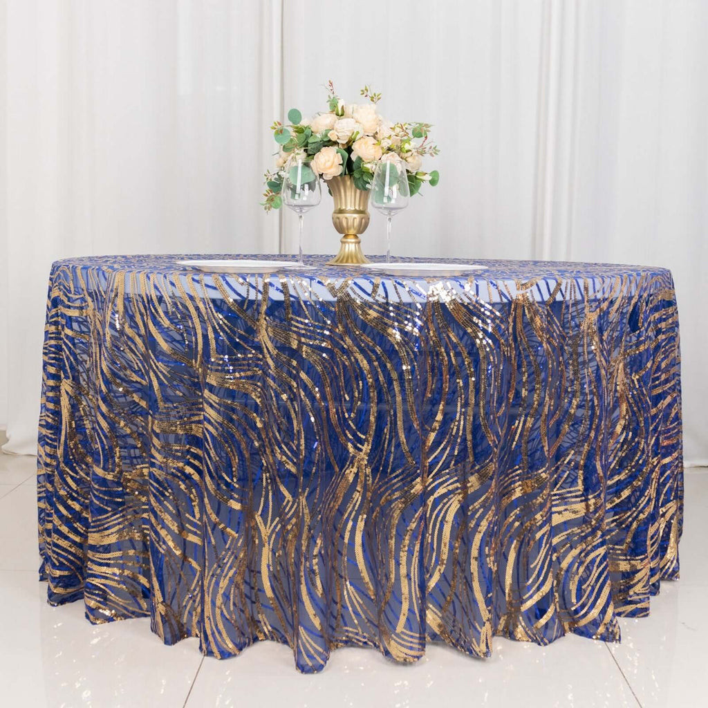 Sequin Mesh 120" Round Tablecloth Royal Blue/Gold - Seamless Wave Embroidered Table Cover - Bell Racket Store
