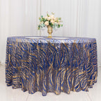Sequin Mesh 120" Round Tablecloth Royal Blue/Gold - Seamless Wave Embroidered Table Cover - Bell Racket Store