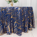 Sequin Mesh 120" Round Tablecloth Royal Blue/Gold - Seamless Wave Embroidered Table Cover - Bell Racket Store
