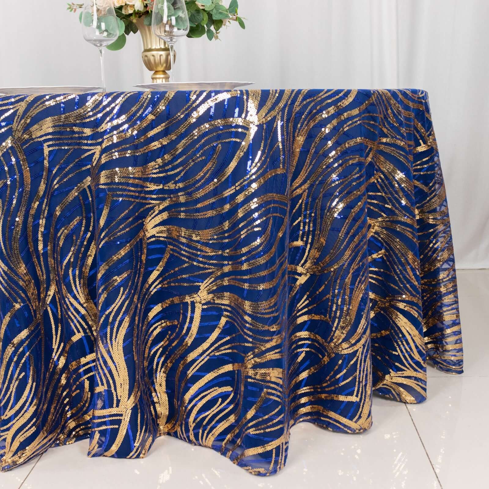 Sequin Mesh 120" Round Tablecloth Royal Blue/Gold - Seamless Wave Embroidered Table Cover - Bell Racket Store