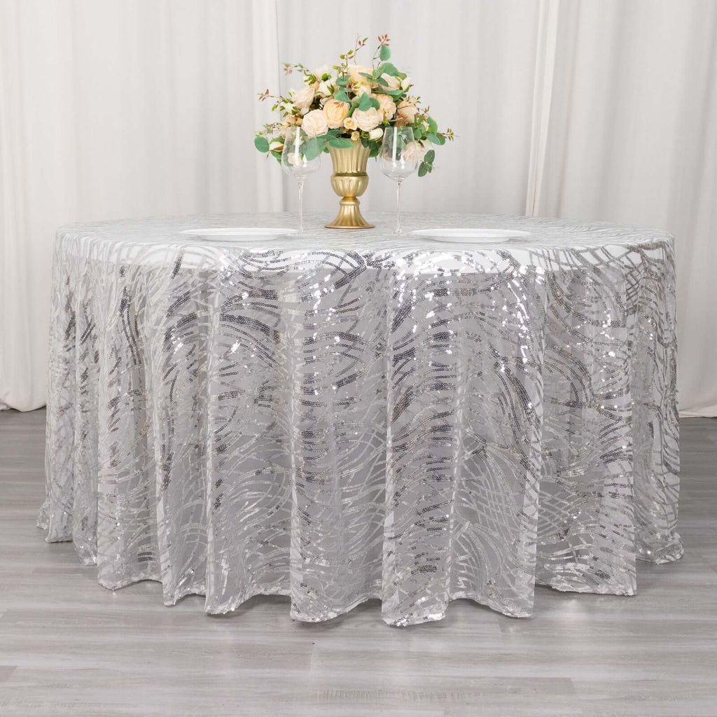 Sequin Mesh 120" Round Tablecloth Silver - Seamless Wave Embroidered Table Cover - Bell Racket Store