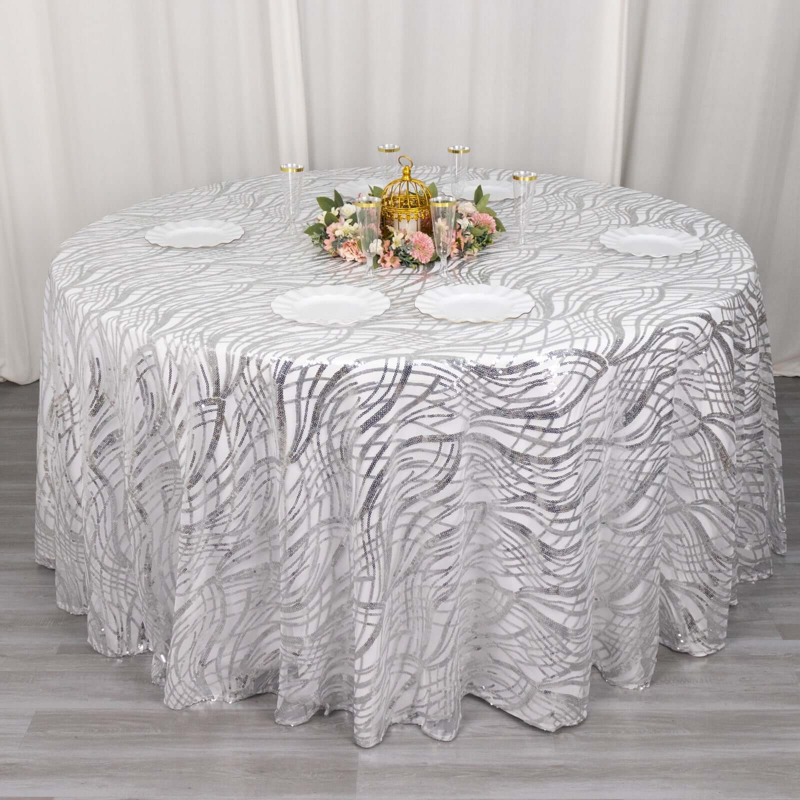 Sequin Mesh 120" Round Tablecloth Silver - Seamless Wave Embroidered Table Cover - Bell Racket Store