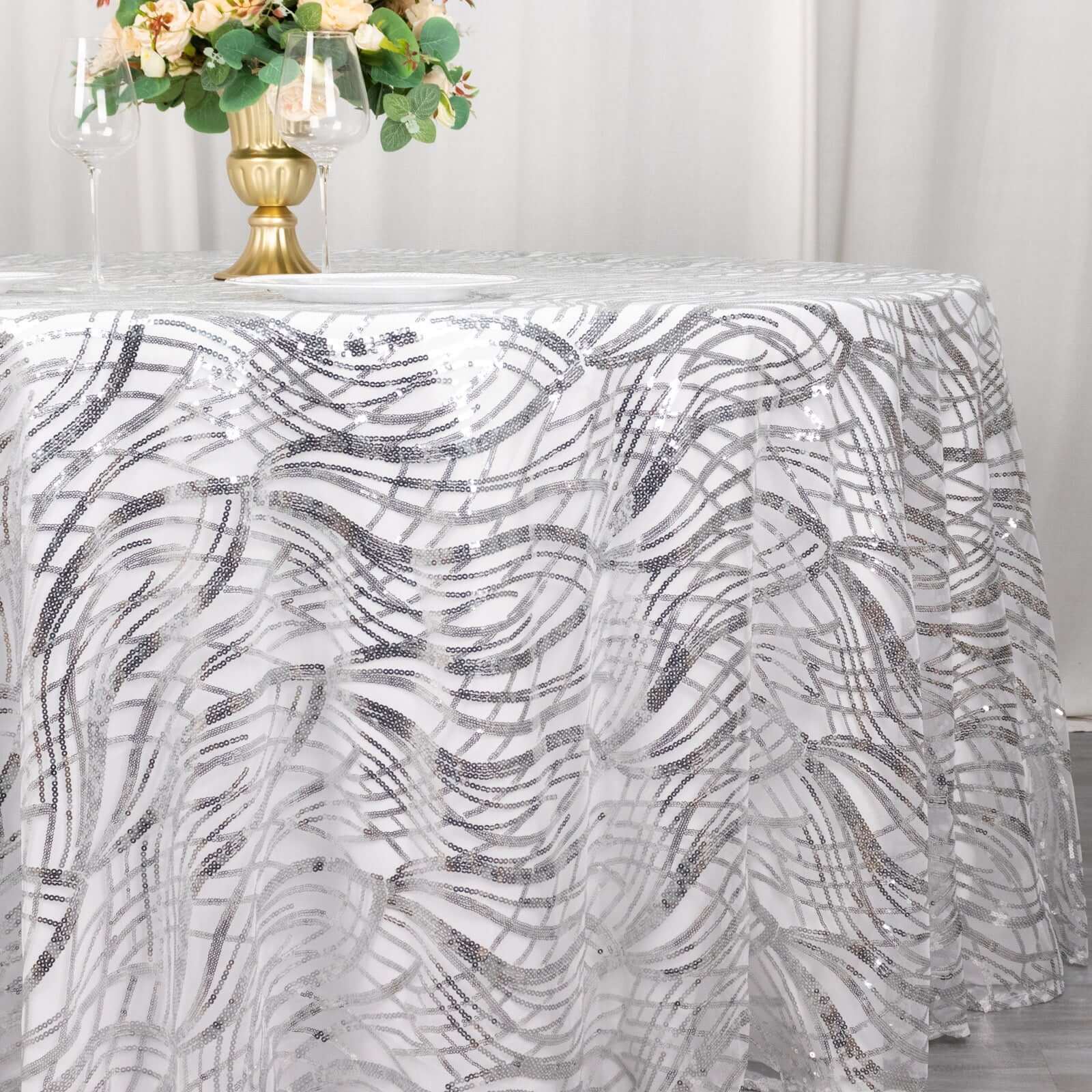 Sequin Mesh 120" Round Tablecloth Silver - Seamless Wave Embroidered Table Cover - Bell Racket Store