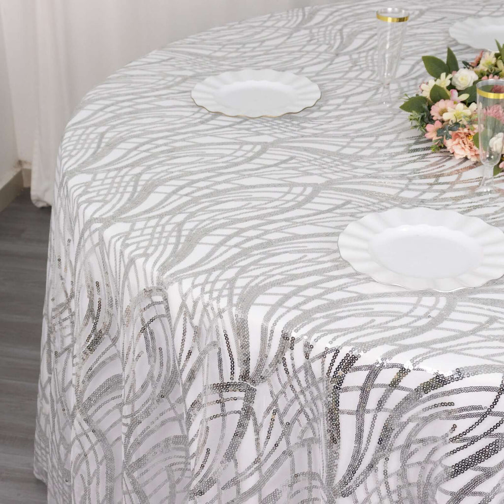 Sequin Mesh 120" Round Tablecloth Silver - Seamless Wave Embroidered Table Cover - Bell Racket Store