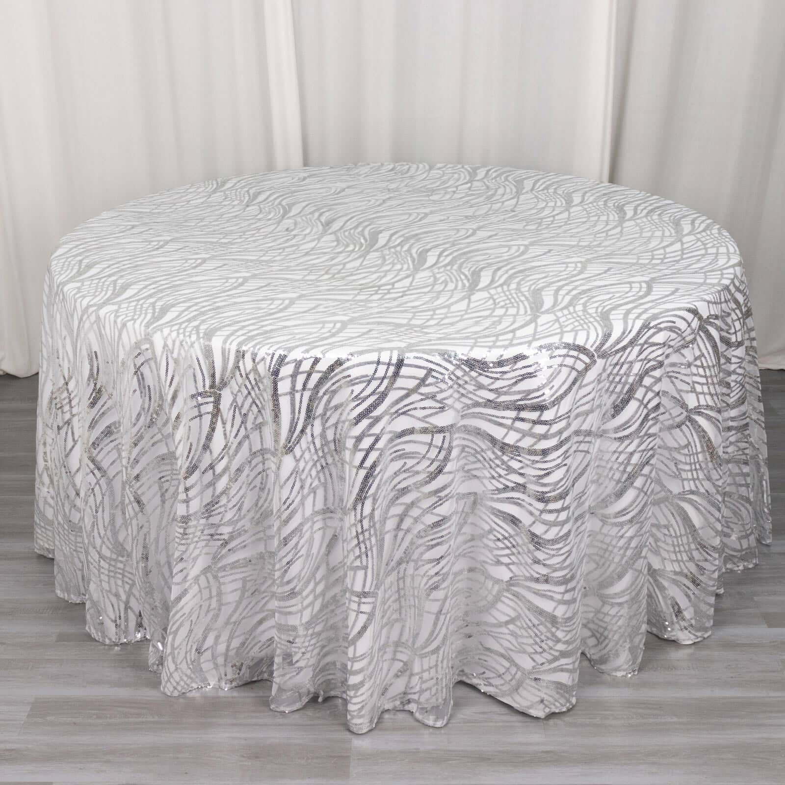 Sequin Mesh 120" Round Tablecloth Silver - Seamless Wave Embroidered Table Cover - Bell Racket Store