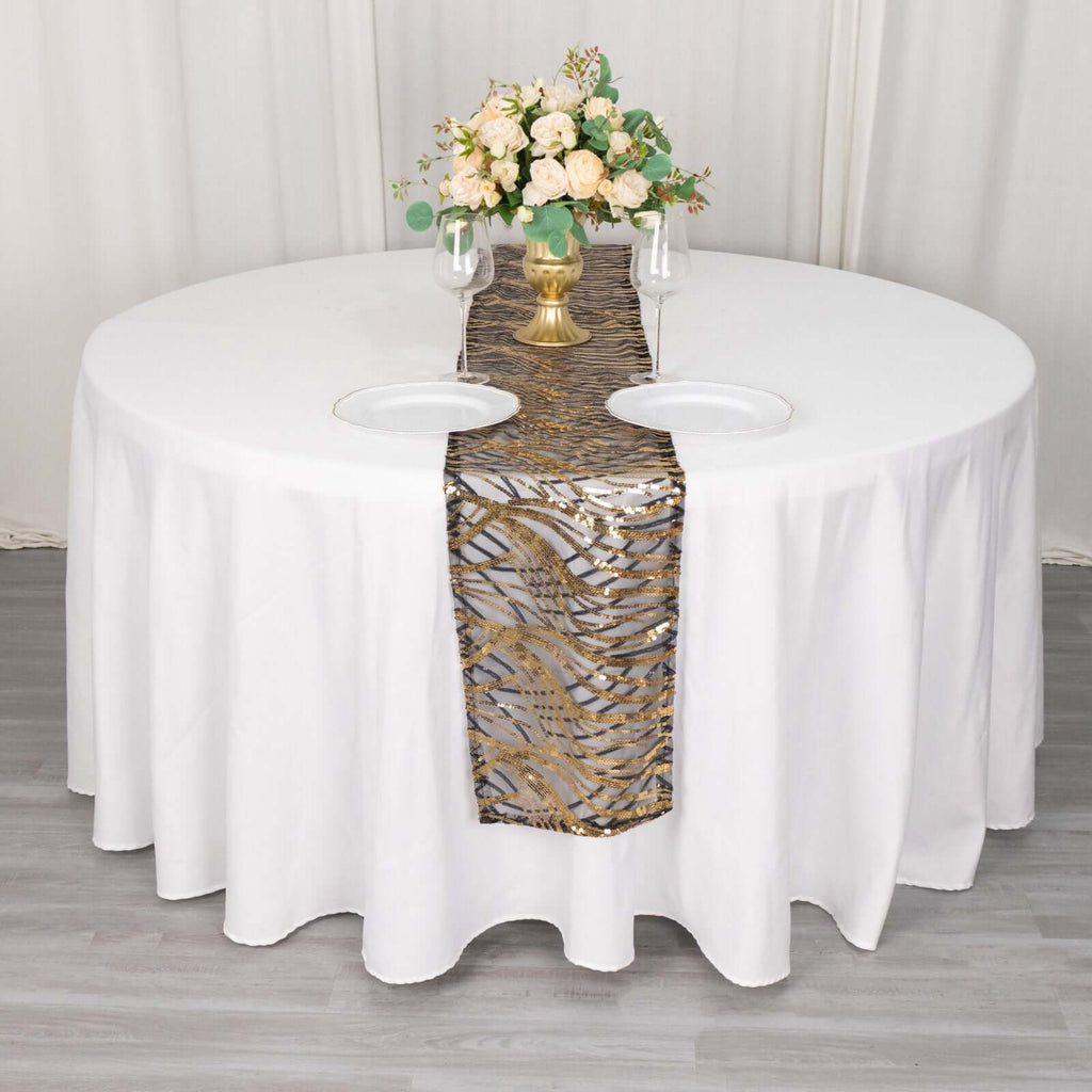 Sequin Mesh 12"x108" Table Runner Black Gold Stylish Wave Embroidery - Bell Racket Store