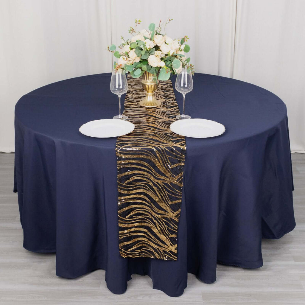 Sequin Mesh 12"x108" Table Runner Black Gold Stylish Wave Embroidery - Bell Racket Store