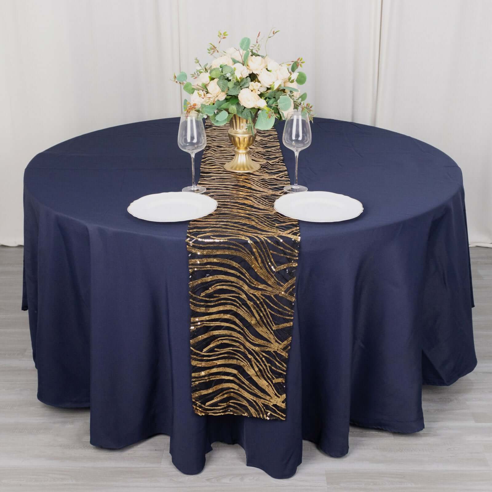 Sequin Mesh 12"x108" Table Runner Black Gold Stylish Wave Embroidery - Bell Racket Store