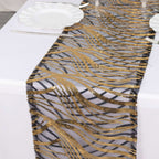 Sequin Mesh 12"x108" Table Runner Black Gold Stylish Wave Embroidery - Bell Racket Store